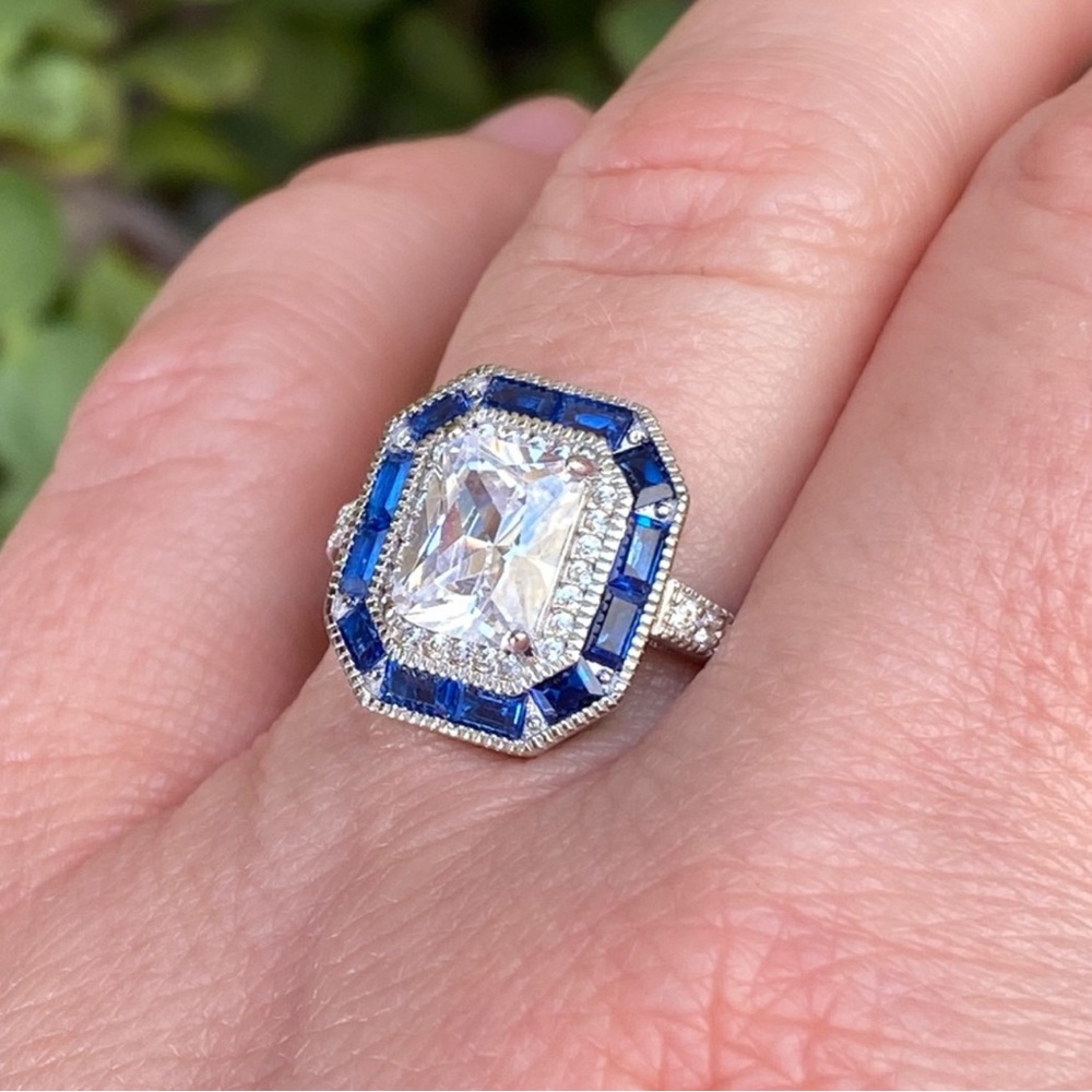Sterling Silver Lab Sapphire Ring with Intricate Detailing Size 7 - Picture 9 of 15
